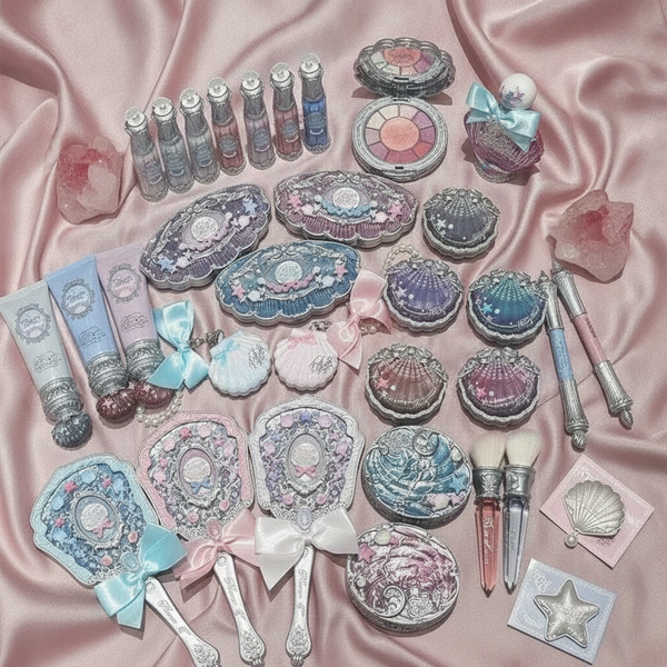 Flat lay of Flowerknows Shell's Jewel Makeup Kit on blush pink silk, showing deep sea eyeshadows and soft foam blush in a cur