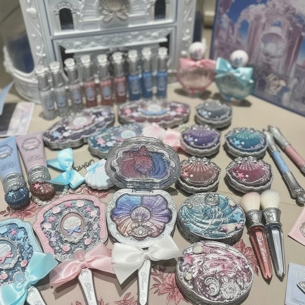 Close-up, high-angle flat lay of an open Flowerknows Shell's Jewel Makeup Kit palette, showing seashell relief on eyeshadows 