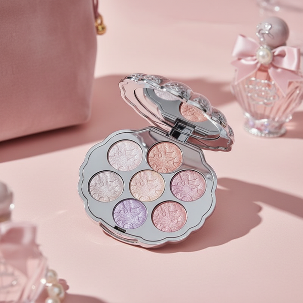 Close-up of a Flowerknows Shell's Jewel Makeup Kit product, a pearlescent highlighter or eyeshadow, showing its luminous, shi