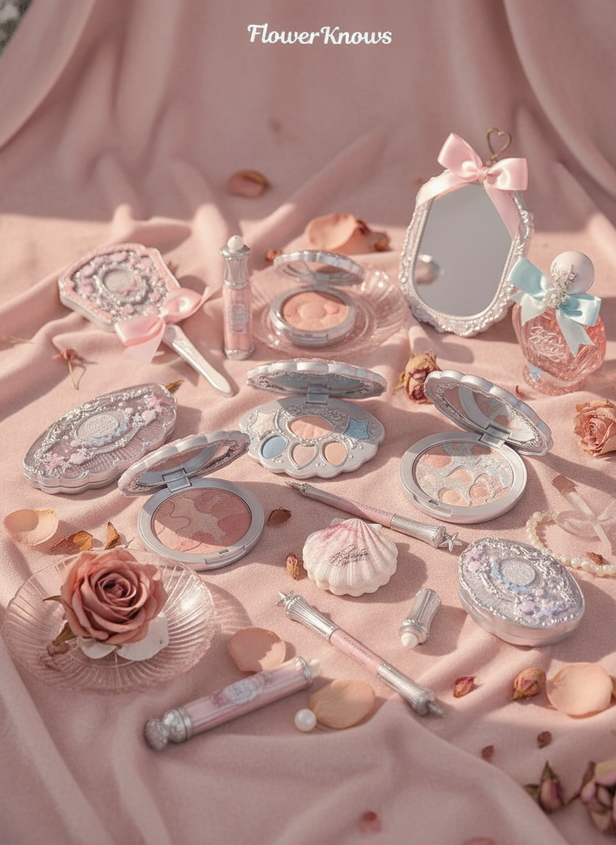 A luxurious flat-lay of the Flowerknows Shell's Jewel Makeup Kit, featuring various makeup items on a blush pink and dusty ro