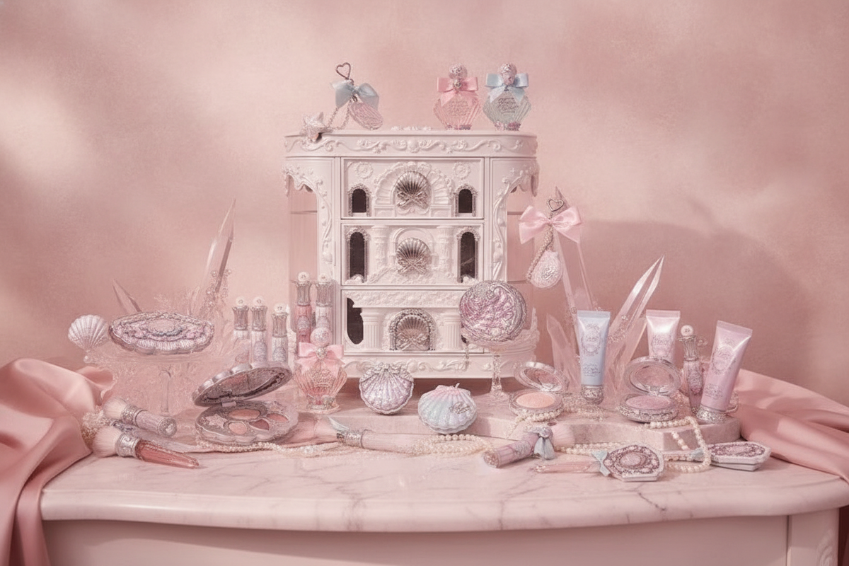 Flowerknows Shell's Jewel Makeup Kit displayed on a vanity, surrounded by soft blush pink and rose-toned elements.